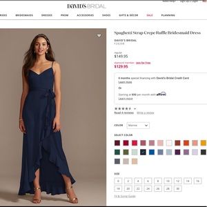 David’s Bridal spaghetti strap crepe ruffle bridesmaid dress in Marine